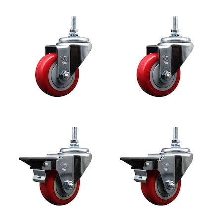 Service Caster 3 Inch Red Polyurethane 38 Inch Threaded Stem Caster Set 2 Brakes SCC SCC-TS20S314-PPUB-RED-381615-2-PLB-2